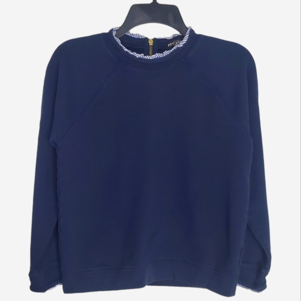 J. Crew Navy Woven Ruffleneck Pullover Sweatshirt Size Small